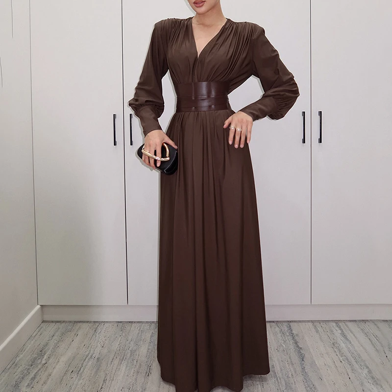 Sexy diepe v-hals feestjurk met lange mouwen damesmode hoge taille gedrapeerde avondjurk elegante bijpassende riem taille lange jurk