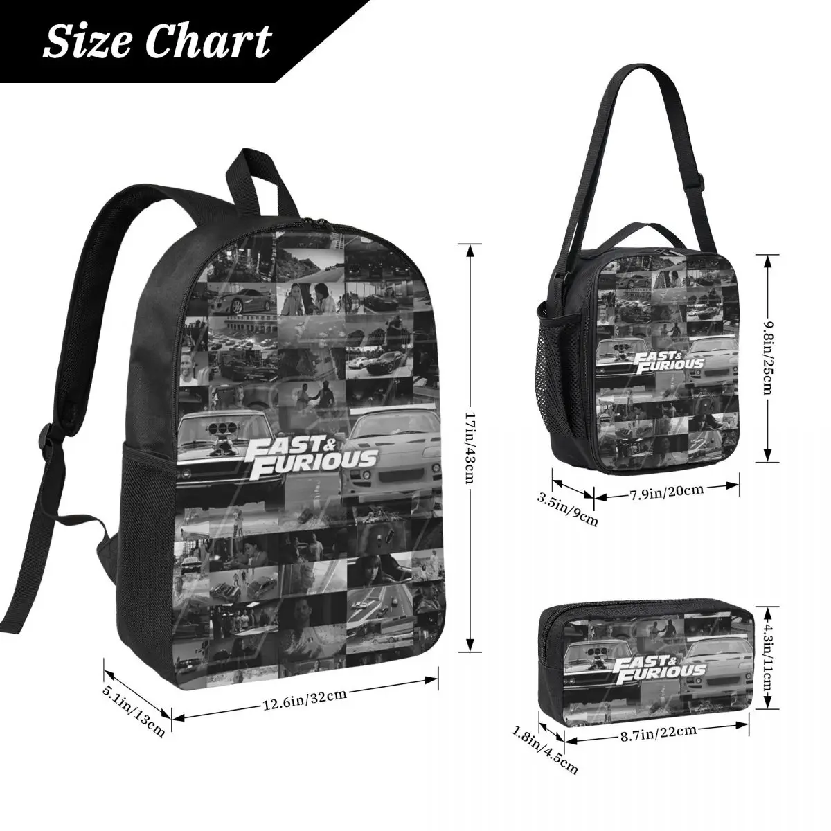 Fast And Furious Is History Of Legend Backpack BookBag School Bag Laptop Shoulder Bags 3ps Insulated Lunch Bag Pencil Case