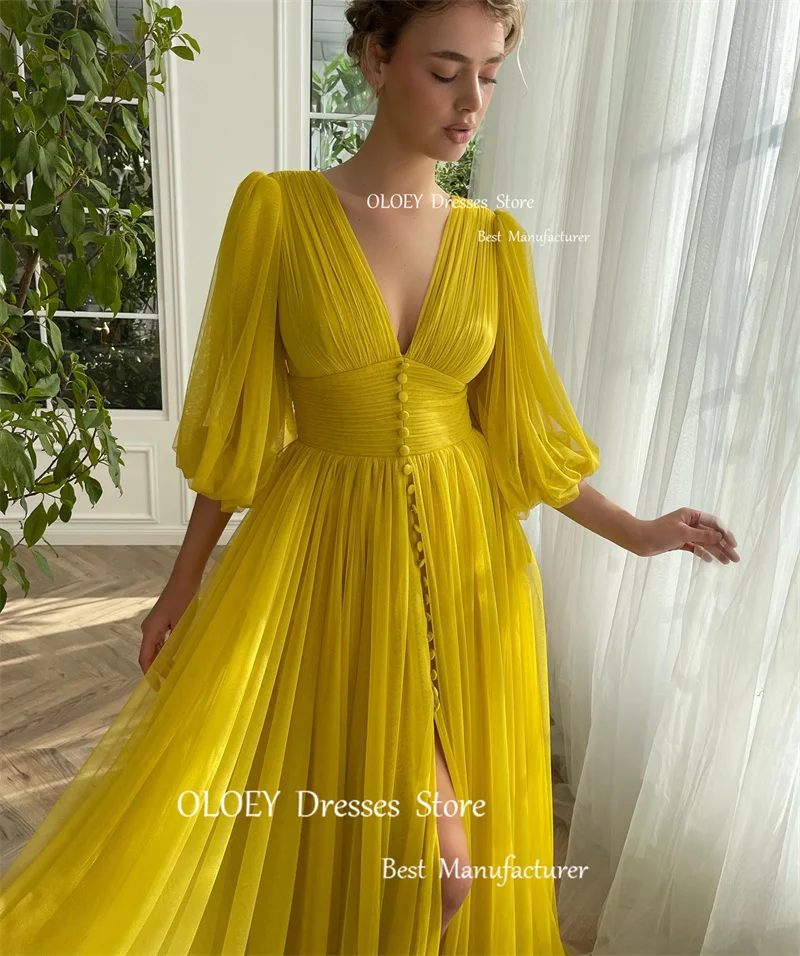 OLOEY 2024 Vintage Yellow Tulle A Line Evening Dresses Puff 2/3 Long Sleeves V Neck Buttons Split Prom Gowns Formal Occasion