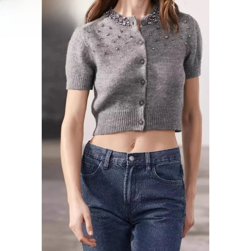 

Новинка весны 2024, женская трикотажная открытая карта из полиэфирного волокна Ne Jaet Embellied с ребрами Sweet Sle...