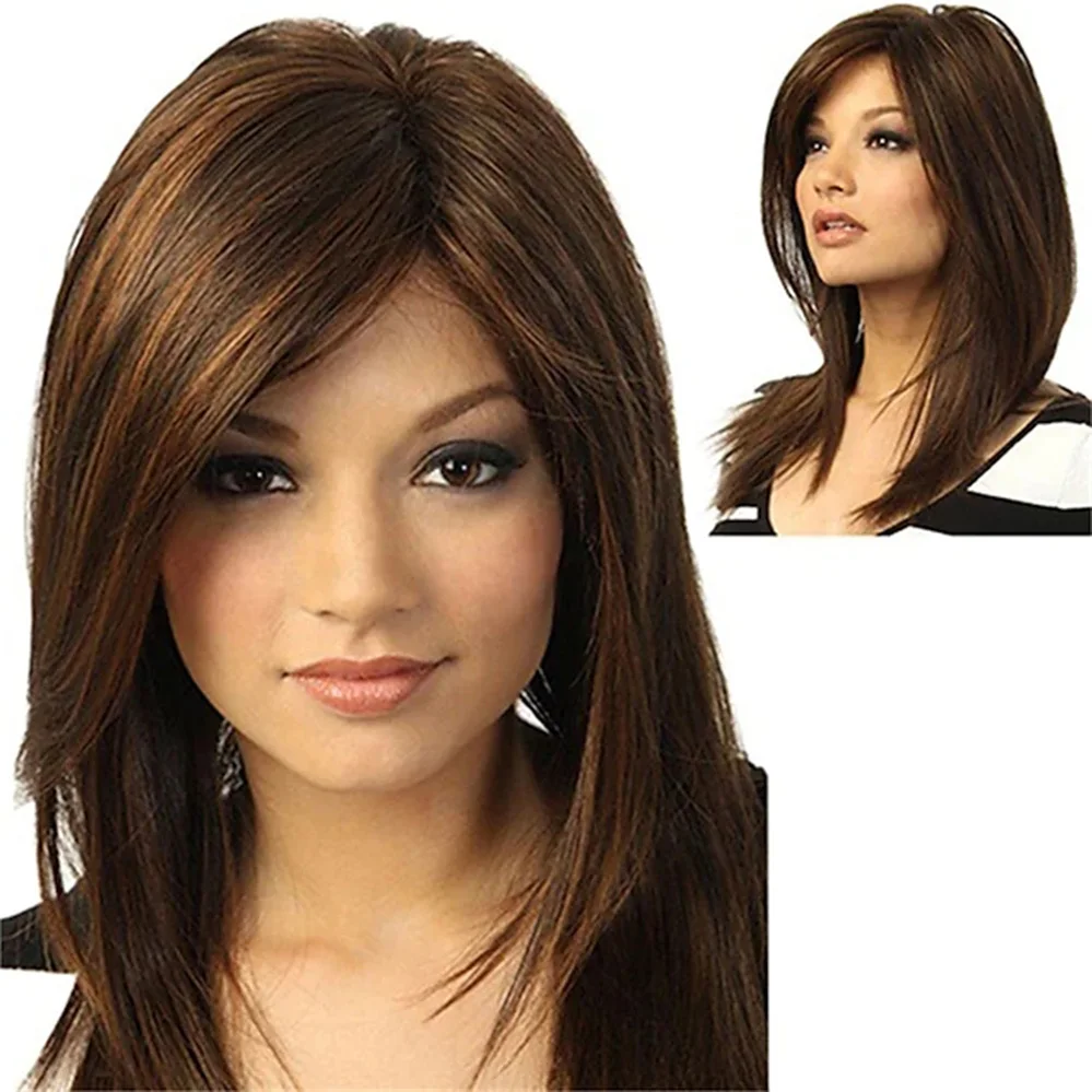 Long Synthetic Wig Straight Asymmetrical Machine Made Wig Medium Length Brown Synthetic Hair Wigs