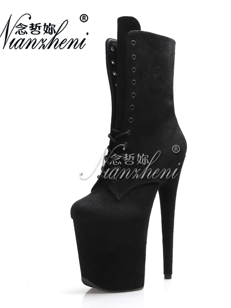 Gothic Exotic Platform Crossdresser Ankle Boots Sexy Fetish 20cm Round Toe Stripper Heels Big Size Pole Dance Flock Womens Shoes