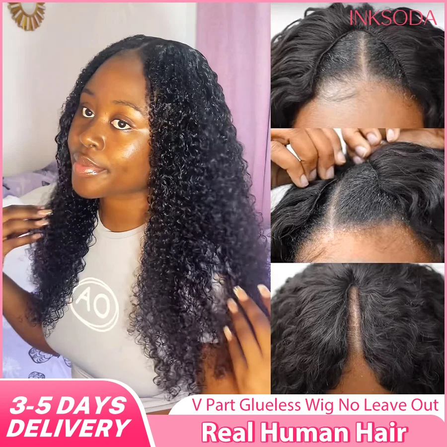

220% Density Deep Wave V Part Human Hair Wig Jerry Curly No Leave Out Clip Glueless Brazilian Half Wigs Wear And Go Glueless Wig Jerry Curly V Part Wig Human Hair Glueless Afro Curly V Part Wig 16-38 Inch Deep Curly Half Wig For Woman