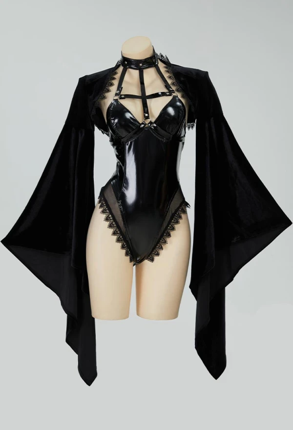 MEOWCOS Holy Love Gothic Halloween Nun Cosplay Costume Black Bodysuit and Flared Sleeve Cover-up Shrug with Head Piece