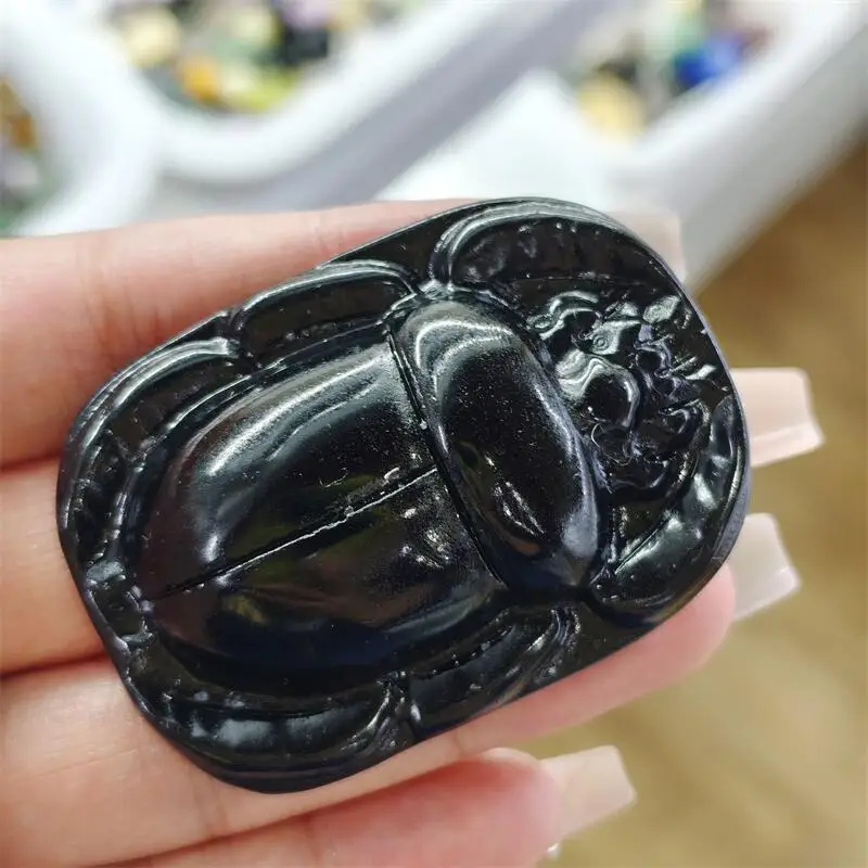Natural Black Obsidian Beetle Carving Reiki Healing Fengshui Stone Ornament Holiday Crafts Gift 1PCS