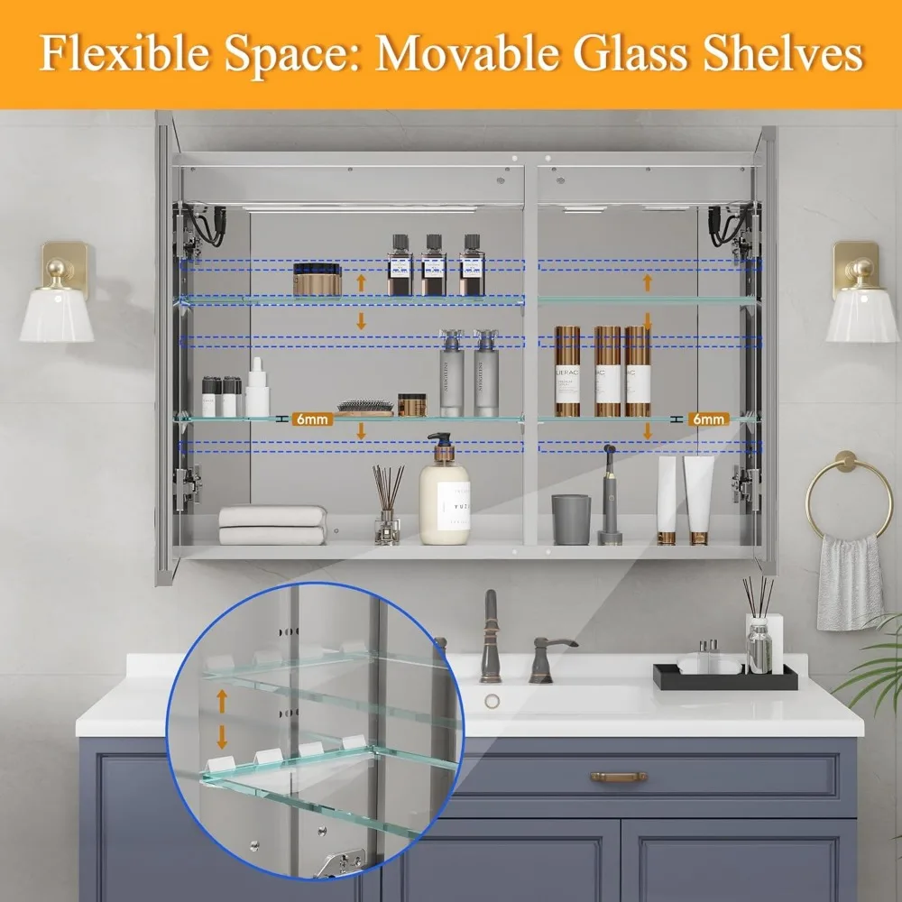 خزانة طبية مضيئة بإضاءة LED مقاس 24 × 30 بوصة للحمام، مثبتة على الحائط مع إزالة الضباب و3 إعدادات لدرجة الحرارة