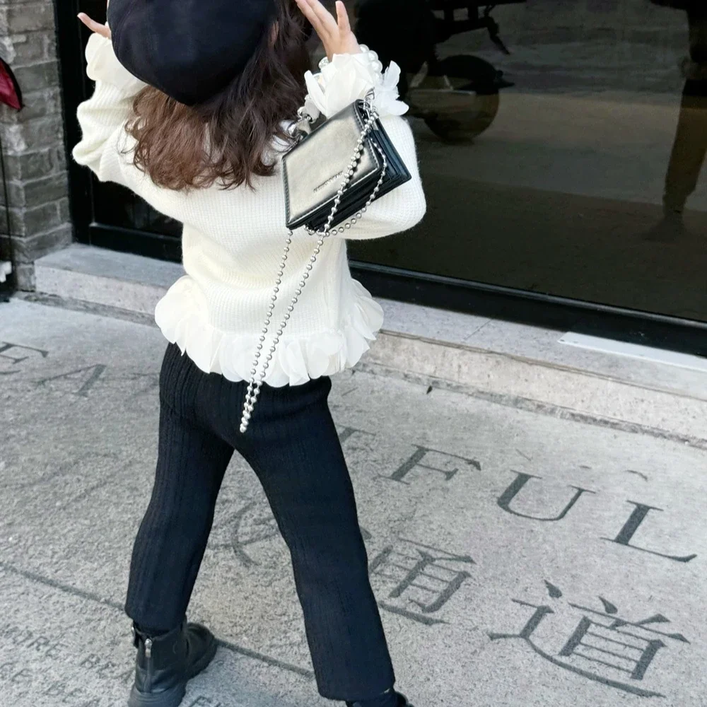 Girls Suit 2026 Spring And Autumn New Childrens Clothes Girls Baby Sweet Lace Round Neck Knit Jumper Pants Two Sets Simple