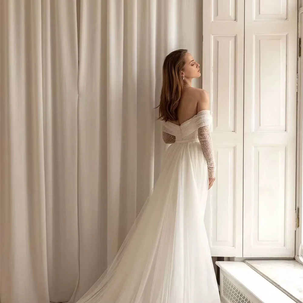 Customized Off-Shoulder  Wedding Dress For Woman Bride Three Quarter Sleeveless  Removable Skirt Floor Length Bridal Gown