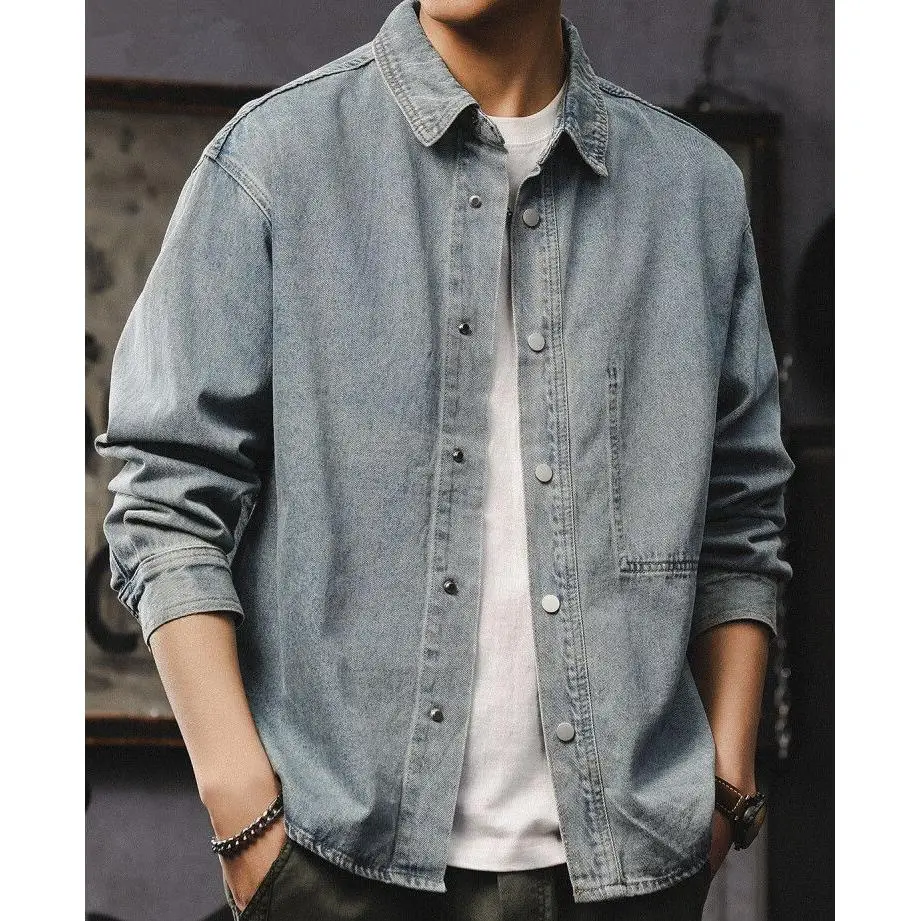 Retro Denim Shirt Jacket Men's High End Washed Loose Long Sleeve Casual Versatile Top Trendy Classic Style Polyester Fiber