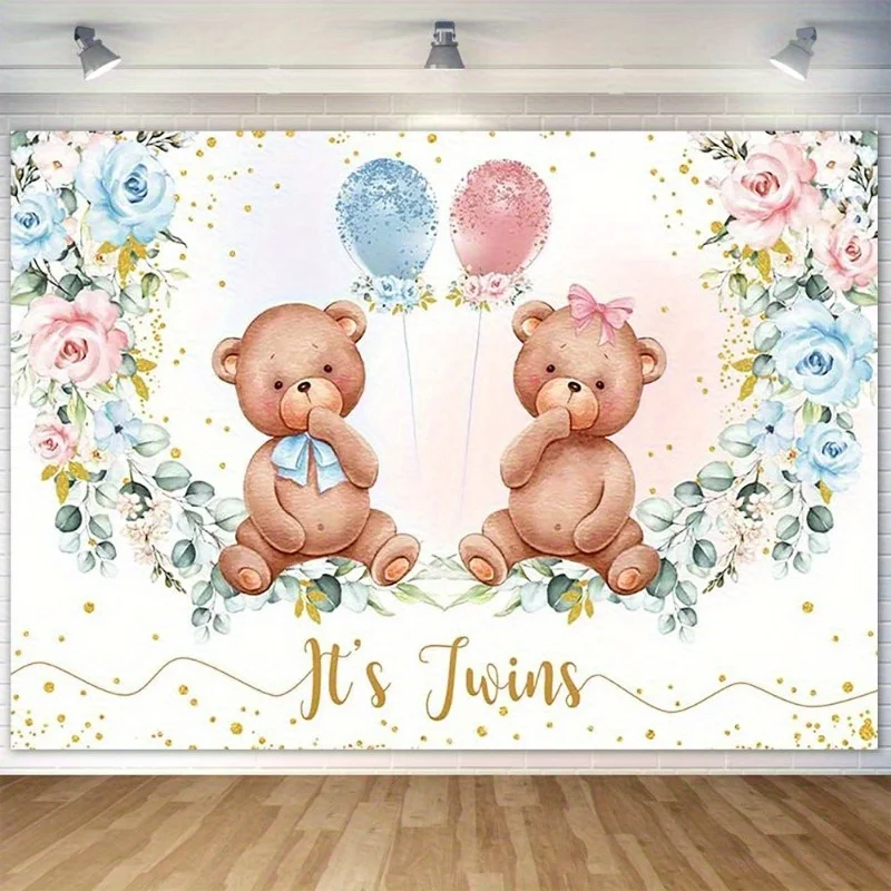 Doppelter Bären-Duschhintergrund – rosa und blaue Blumen-Gender-Exclosure-Party-Dekoration, Ballon-, Rosen- und Golddekorationen