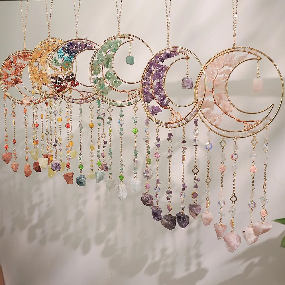 Crystal Sun Catcher Natural Stone Gems Agate Quartz Amethyst Suncatcher Citrine Moon Dream Catchers Hanging Home Decor Gift