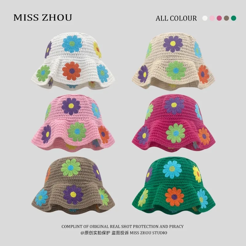 

Ins Colorful Flower Knitted Bucket Hats for Women Show Face Small Spring and Autumn Travel Fashion Versatile Casual Basin Caps