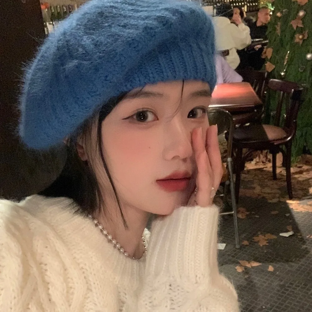 

Casual Wool Mohair Beret Solid Color Warm Knitted Beanie Cap Y2k Big Head Circumference Painter Hat Girls
