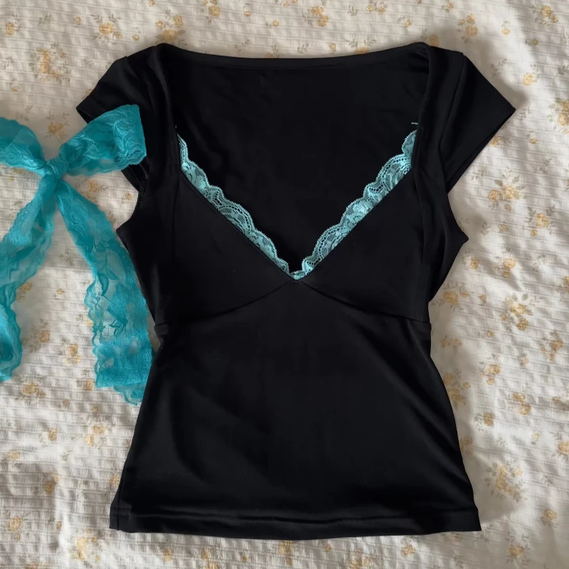Summer Y2k sexy hot girl style V-neck short sleeved top American lace patchwork solid color slim casual short sleeved Tshirt top