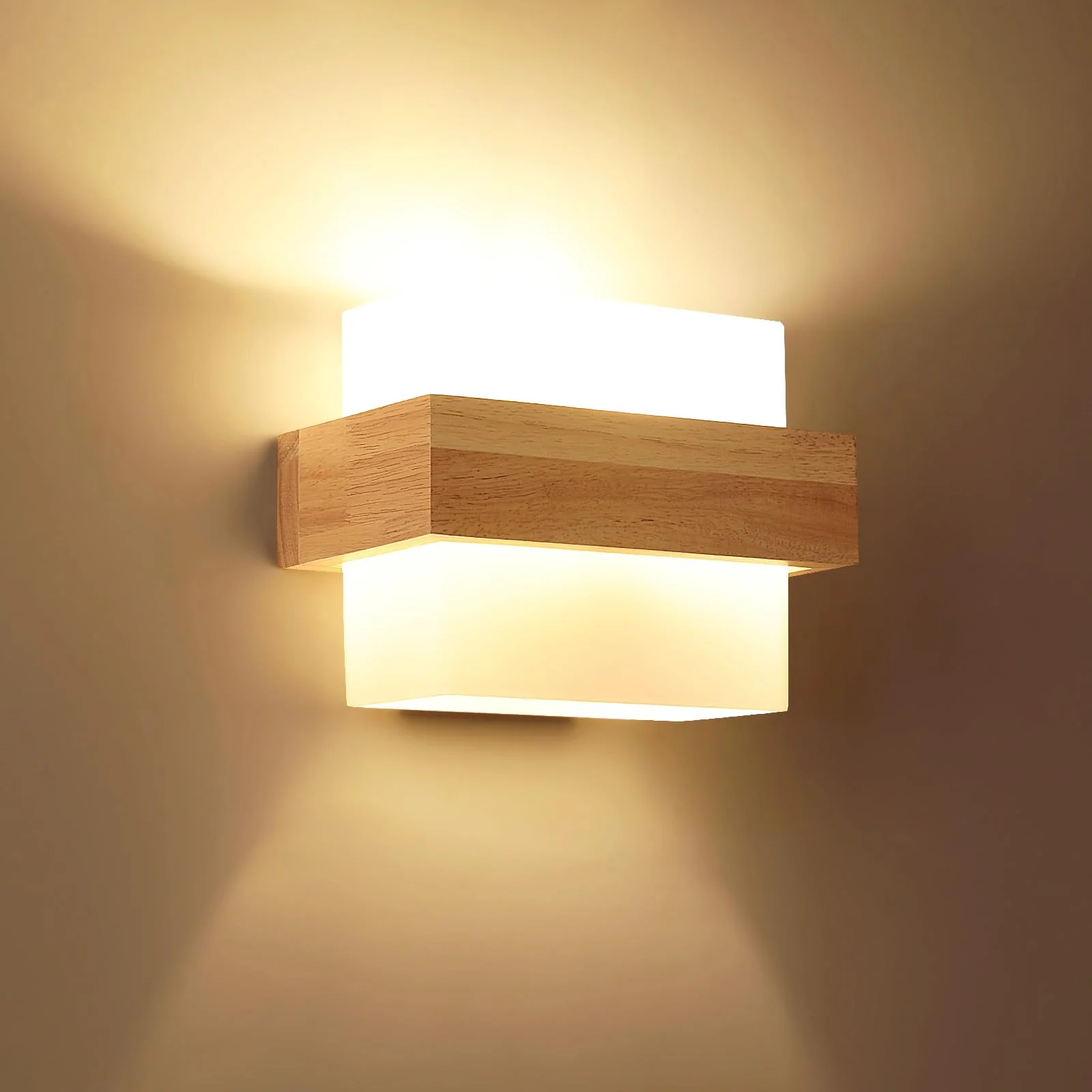 

Wall Lights Indoor Creative Square Wooden Wall Lamp Equipped with LED Warm Light for Bedroom Living Room Hallway Dining Room