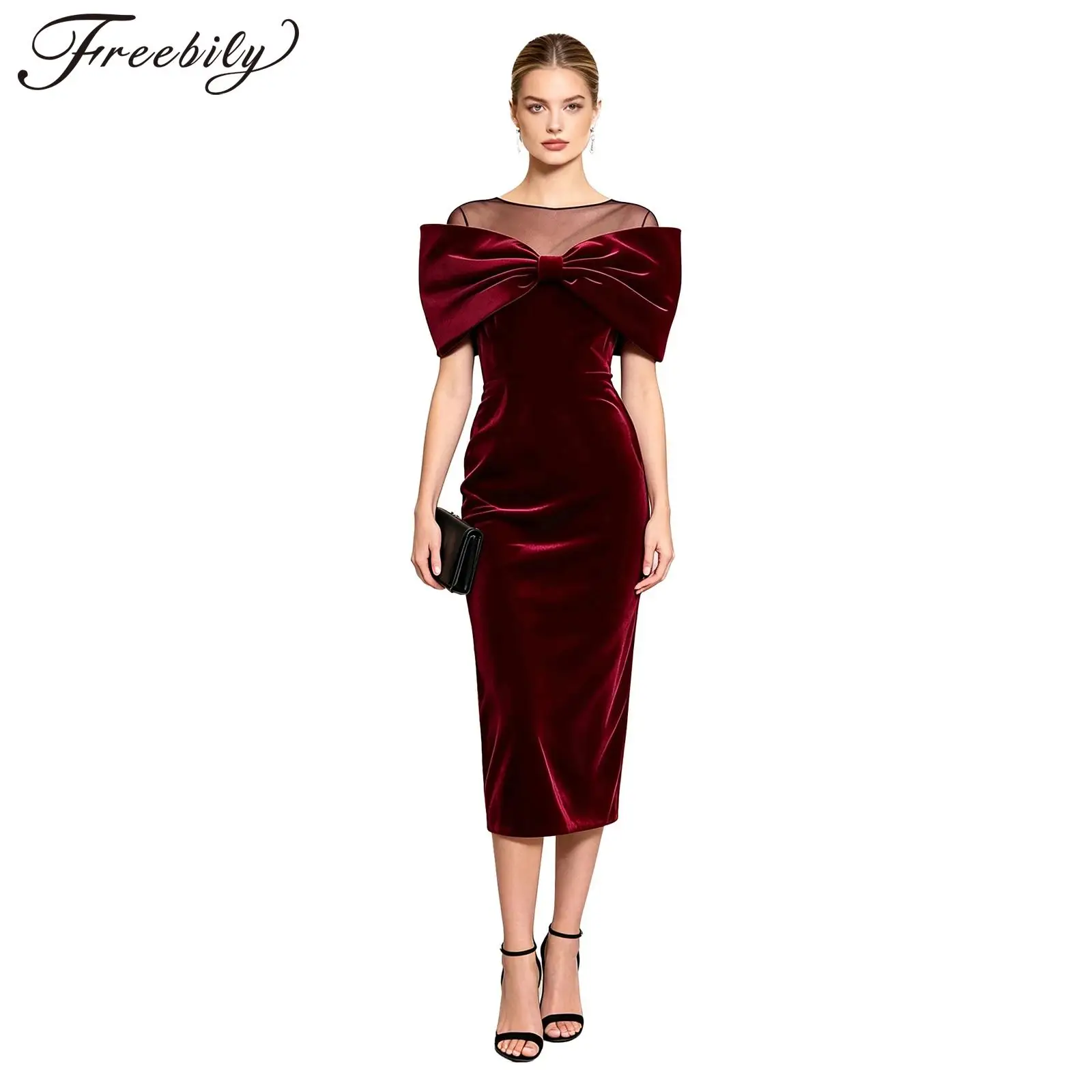 Wedding Guest Bodycon Dress Feminino Women Elegant Evening Dress Big Bow Velvet Prom Gown Off Shoulder Christmas Festival Dress
