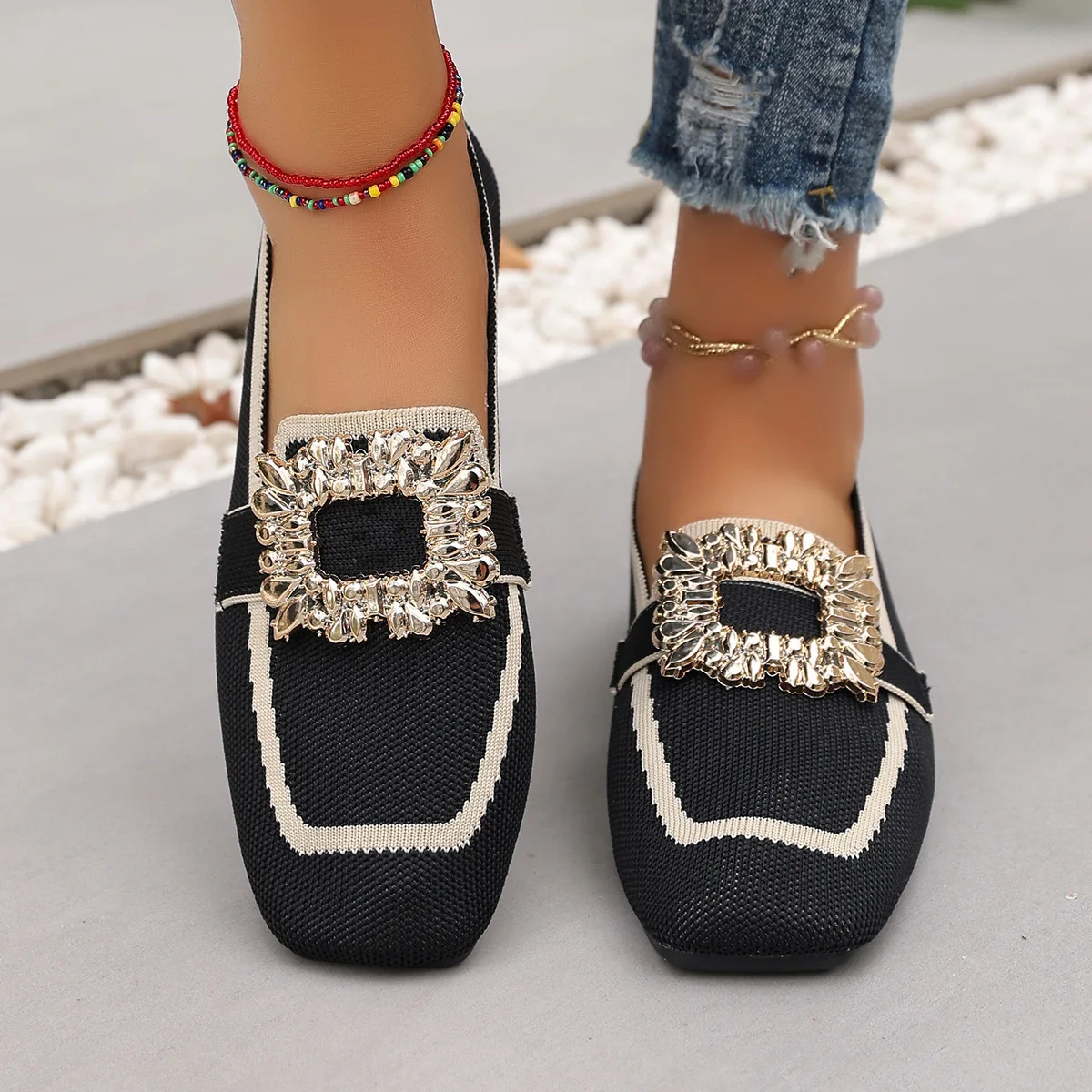 Spring Women's Flat Shoes New Knitting Sock Sneakers Breathable Slip on Female Loafers Plus Size 36-43 Fashion Buckle Flat Shoe view 3