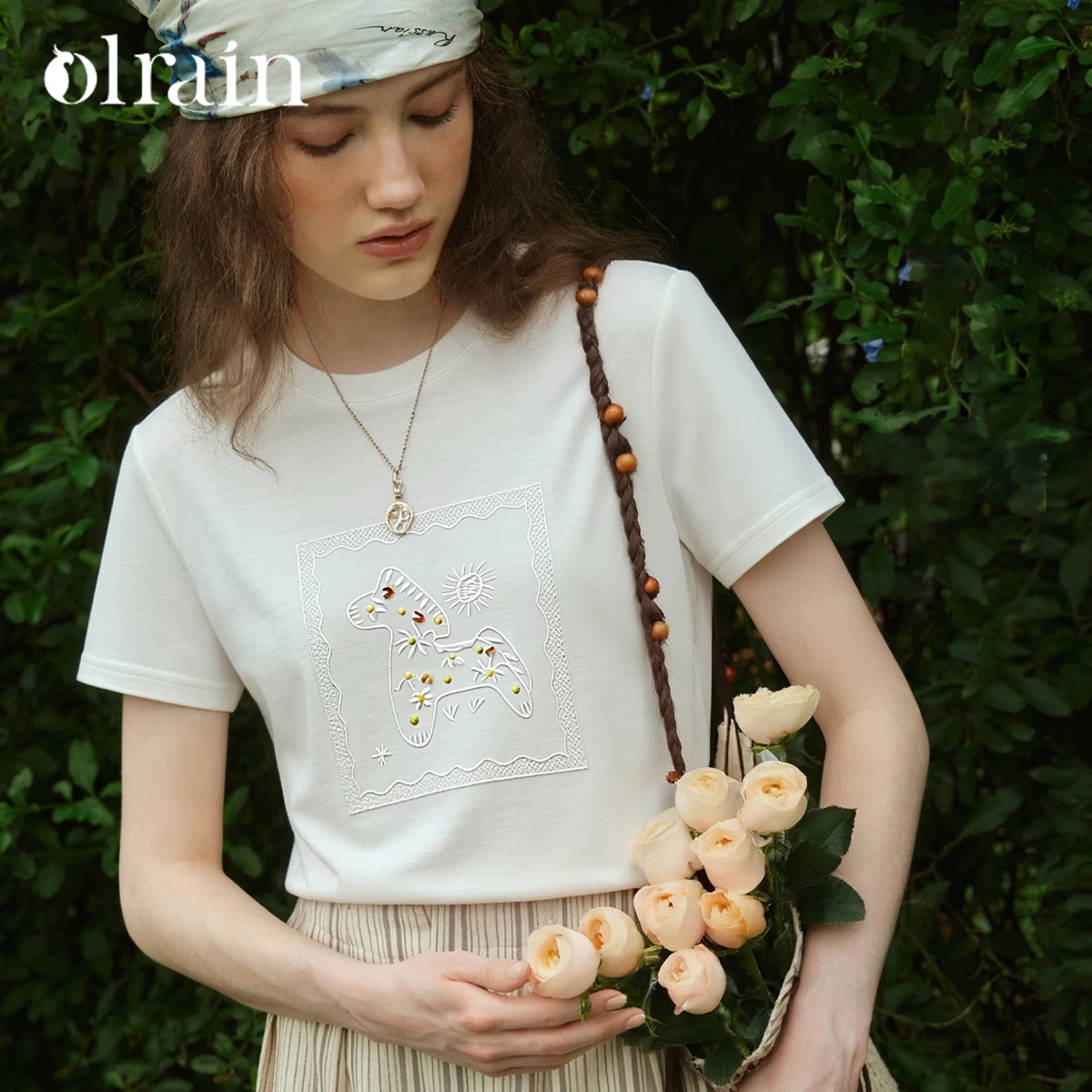 OLrain Commuter Crew Neck Short Sleeve T-shirt 2026 Summer Beaded Embroidery Lace Panel Loose Top Women Clothing O58XT006128