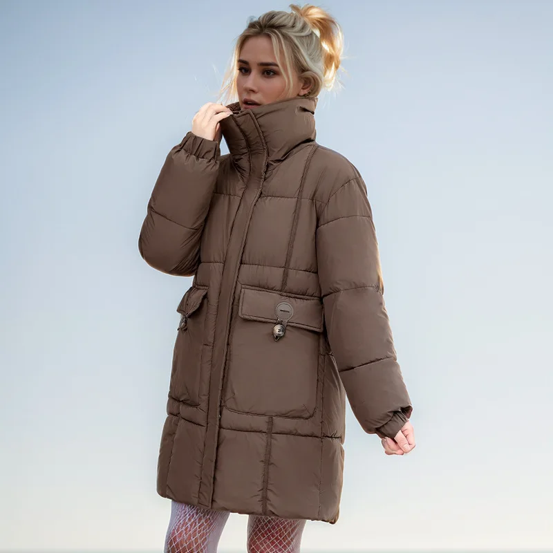 

Spliced Lady's Winter Quilted Jacket Solid Stand Collar Elastic Cuffs Single Breasted Coat For Women Minimalist Female's Coat
