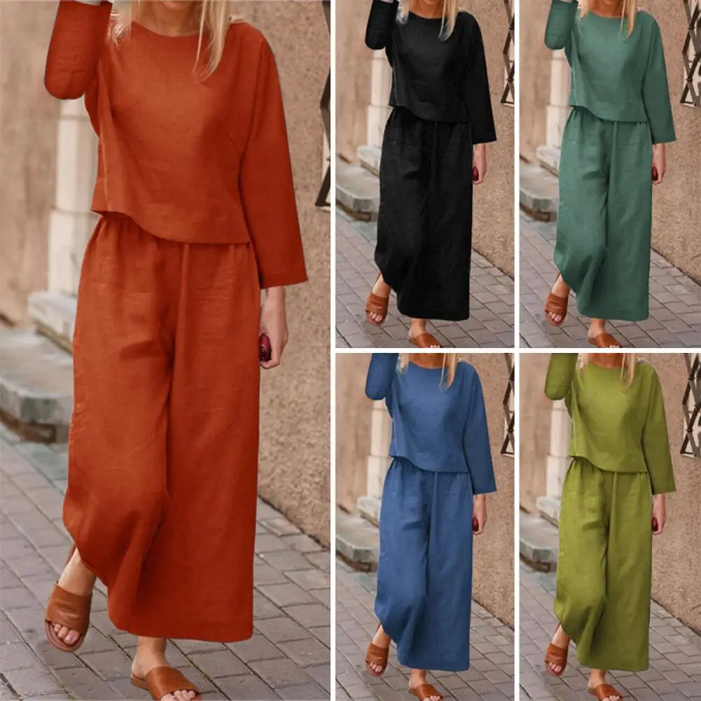 

2 Pcs/Set Fall Spring Women Top Pants Set Long Sleeves Round Neck T-shirt Elastic Waist Trousers with Side Pockets OL Commuting