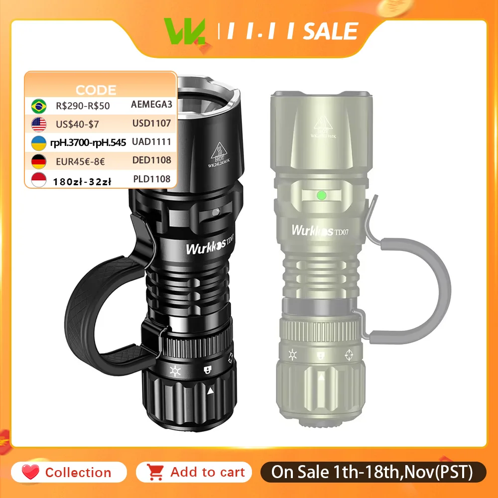 Wurkkos TD07 1300LM Tactical Flashlight 479M Long Throw IP68 Waterproof 18350 Battery Torch Dual Switches and Ring Handle Grip