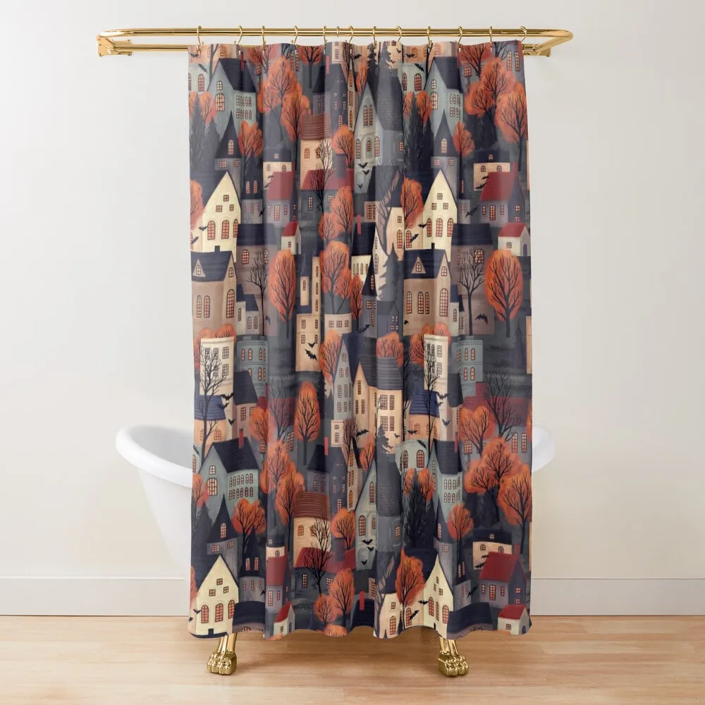 

Halloween Town, Fall Village with Autumn Trees, Houses, Bats Shower Curtain For Bathroom Shower Shower Sets For Bathroom Curtain
