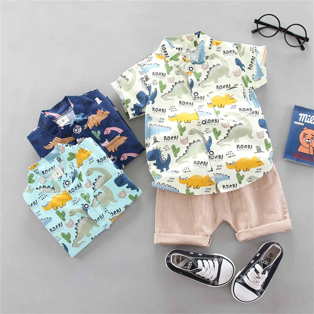 2PCS Infant and Toddler Summer Fashion All over Letter Big Dinosaur Random Print Shirt Shorts Set