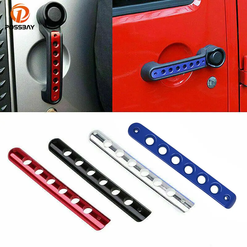 POSSBAY Door Handle Inserts Front Rear Aluminum Grab Handle Cover Trim Silver/Red/Blue/Black for Jeep Wrangler 2007-2017