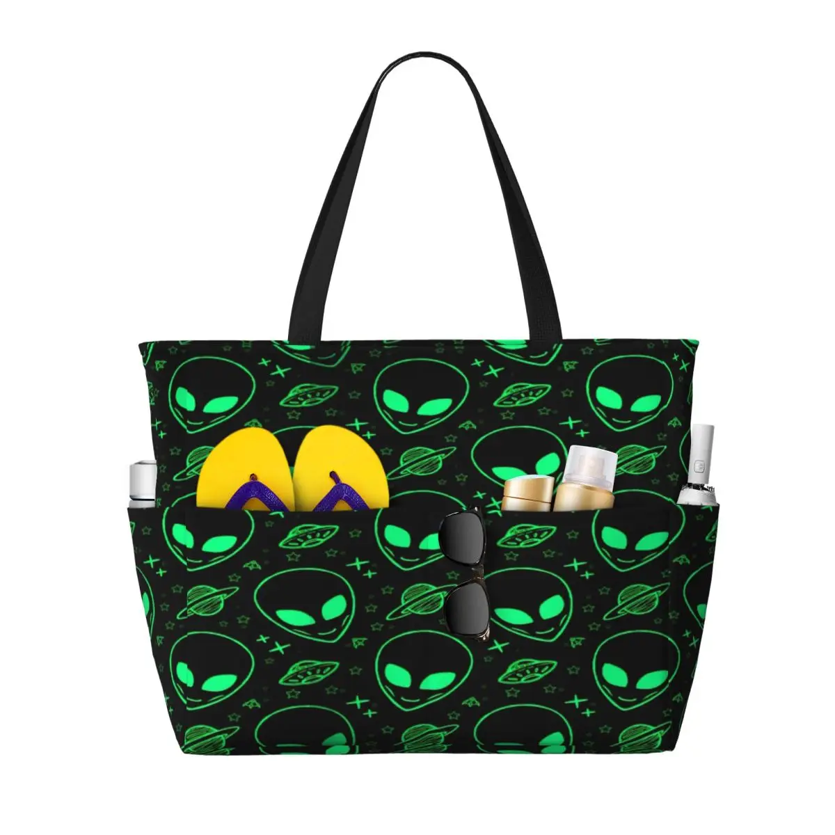 

Custom Cute Aliens And UFO Pattern Grocery Tote Shopping Bag Women Large Capacity Beach Gym Travel Bags