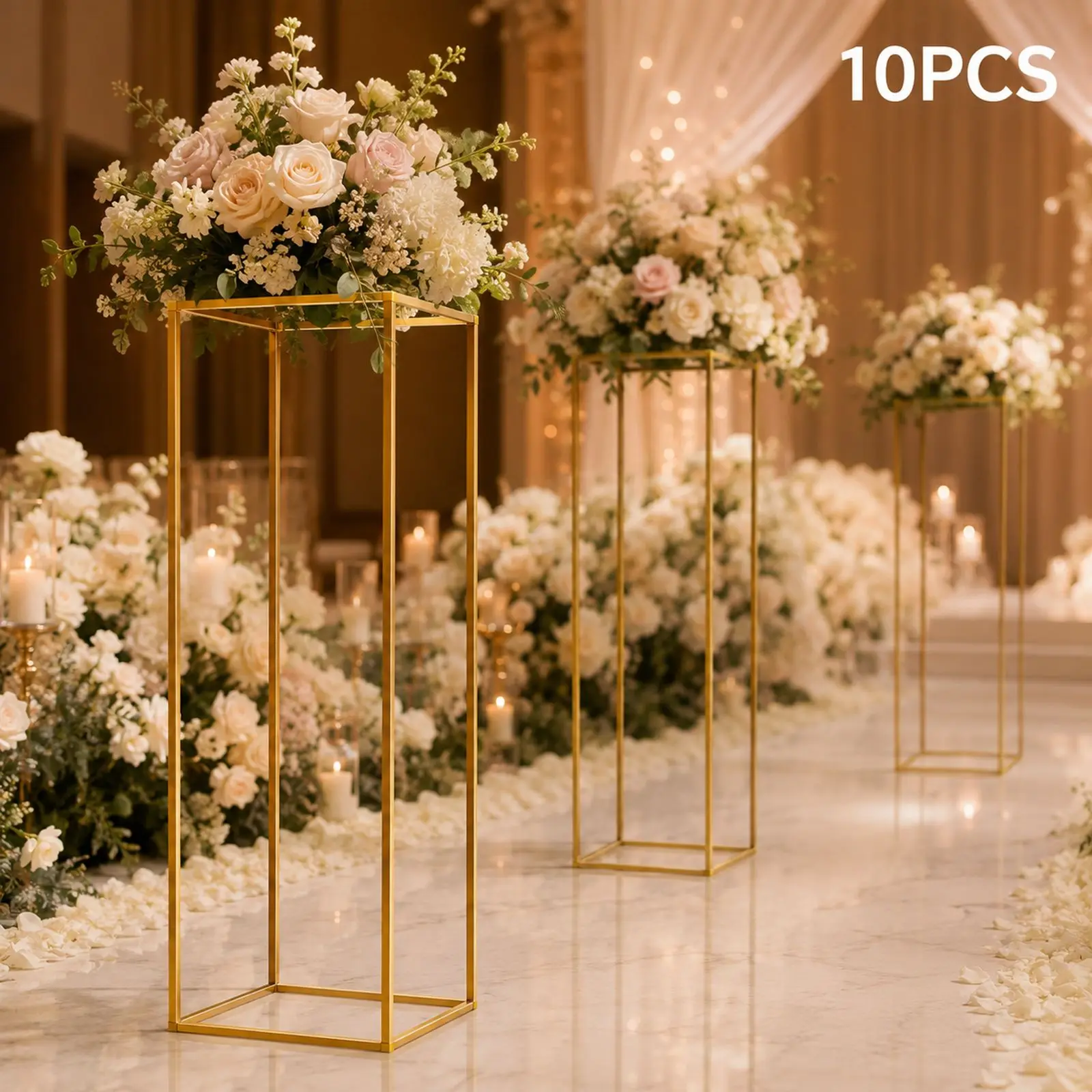 10-Piece 31.5 Inch Tall Flower Stands in Gold, Geometric Metal Vase Holders for Party, Wedding and Home Decor