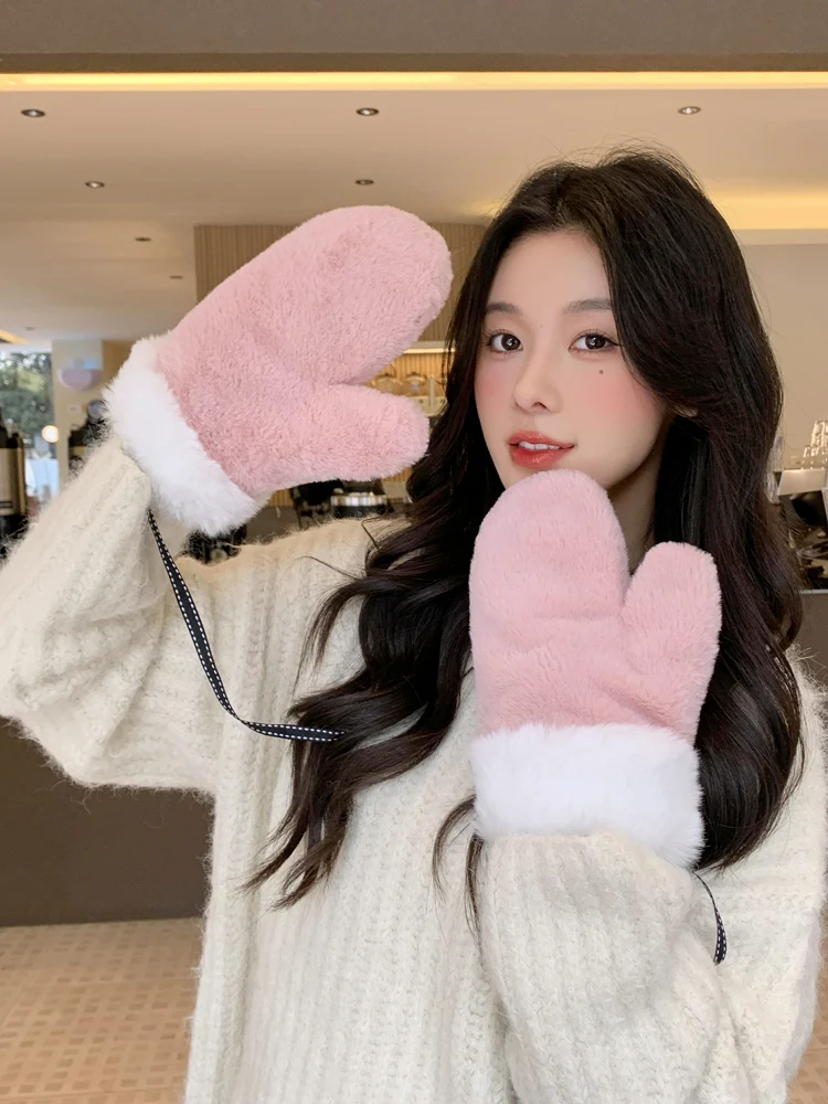 Plush Gloves Women's Solid Color AutumnWinter Cold-Proof Windproof Fleece-Lined Thickened Warm Student Cute Rabbit Fur Stitching