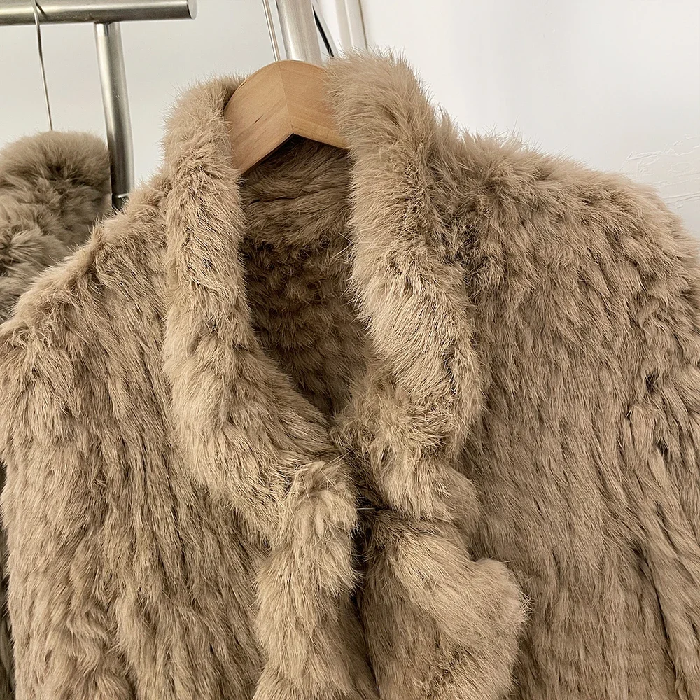 OFTBUY Weiche, leise, luxuriöse neue Winteroberbekleidung für Damen, handgestrickte Echt-Kaninchenfelljacke, gerüschter V-Ausschnitt, kurzer Pelzmantel für Damen – Detail 4