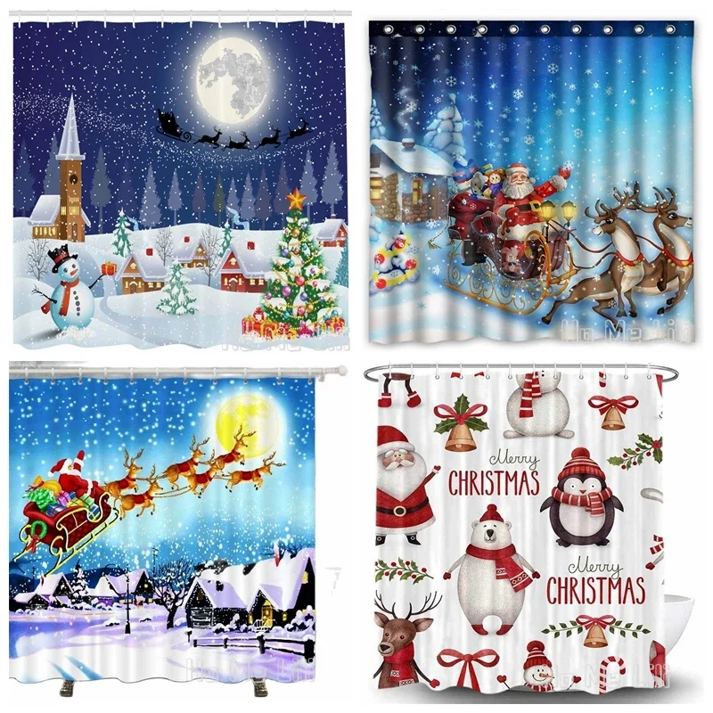 Winter Holiday Merry Christmas Deer Pull The Santa Claus Snowflakes Beautiful Shower Curtain By Ho Me Lili