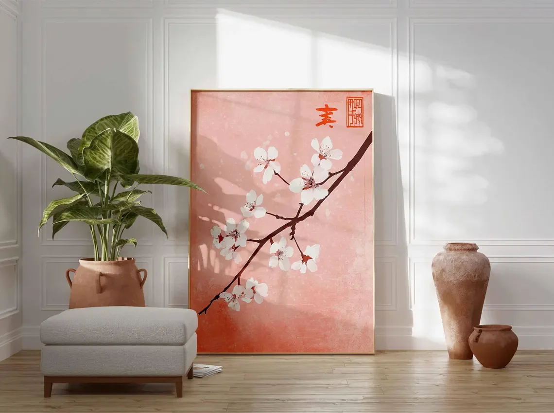 Cherry Blossom Wall Art, Japanese Sakura Poster, Pink Floral Print, Minimalist Zen Decor, Asian Inspired Botanical Artwork for H - view 3