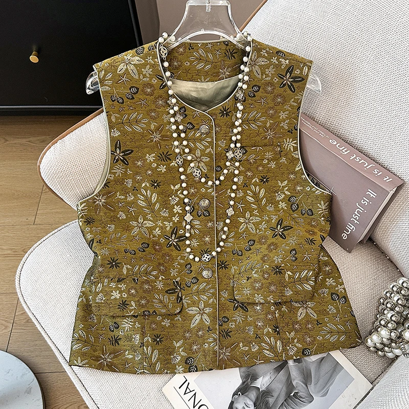 

Новая женская модная жилетка-топ в китайском классическом стиле Ханьфу с цветочным узором, тяжелой вышивкой и круглым воротником на пуговицах