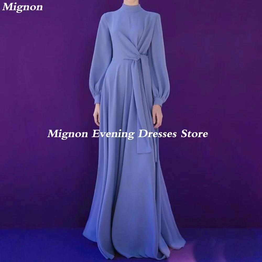 Mignon Satin A-line O-neck Arab Ruffle Prom Gown Floor Length Saudi Evening Formal Elegant Party Dress for Women 2023