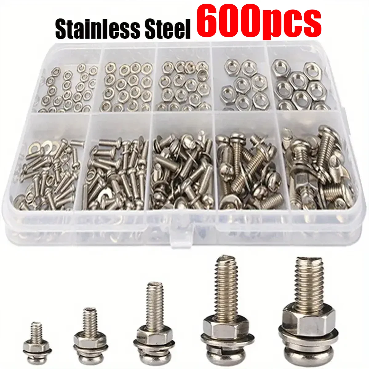 

600 шт. винты с цилиндрической головкой Phillips из нержавеющей стали, болты, гайки, плоские шайбы, пружинные шайбы, машинные винты, винты Phillips