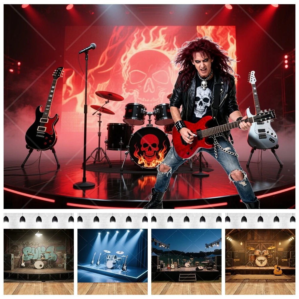 

Rock Band Stage Background Music Concert Themed Party Photo Portrait Guitar Drum Decoration Banner Photography Studios Props