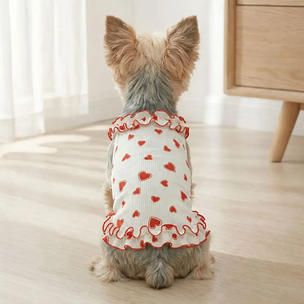Vestido sin mangas para perro y gato, falda floral corazón rojo