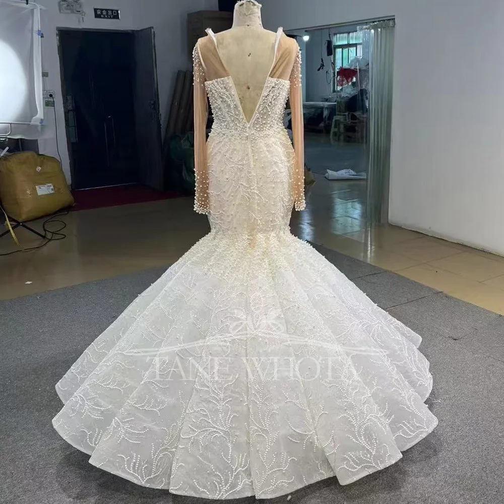 Robe Mariée Civile O-Neck Long Sleeve Beading Customized Luxury Wedding Dress