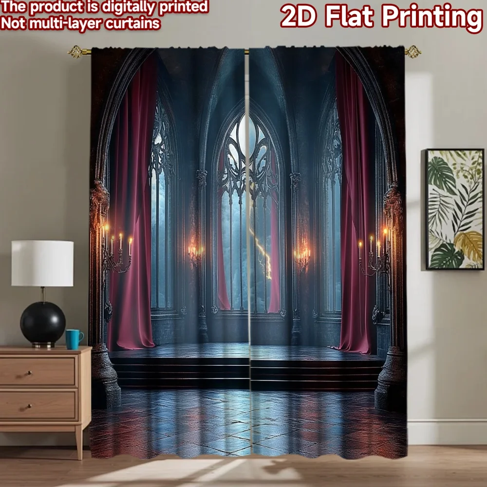 2D flat 2pcs Curtain Retro Country Style Stormy Gothic Hall Digitally printed polyester Holiday Decorations for Drapes for