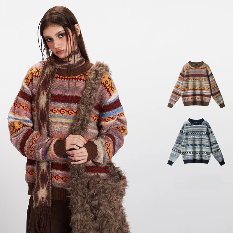 

New Retro Fair Isle Autumn Winter Sweater for Men and Women Loose Lazy Couple Round Neck Pullover Knitwear