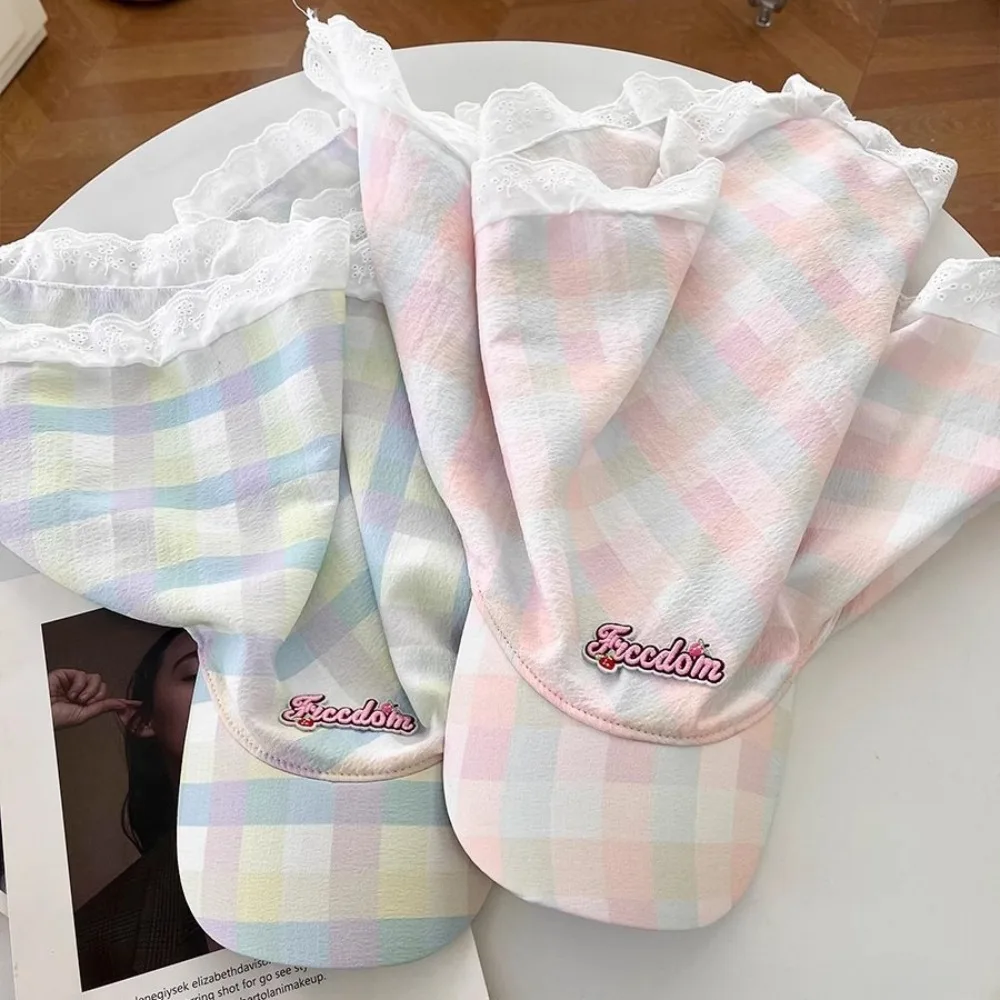 

Casual Korean Style Plaid Baseball Cap Cotton Sunscreen Strappy Bandana Hat Sun Hat Embroidery Letter Headscarf Hat Vacation