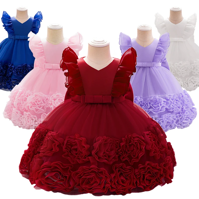 Rose Flower Baby Girl Christening Dresses Formal Occasion 1 2 Years Toddler Gala Birthday Party Fluffy Tulle Infant Ball Gowns