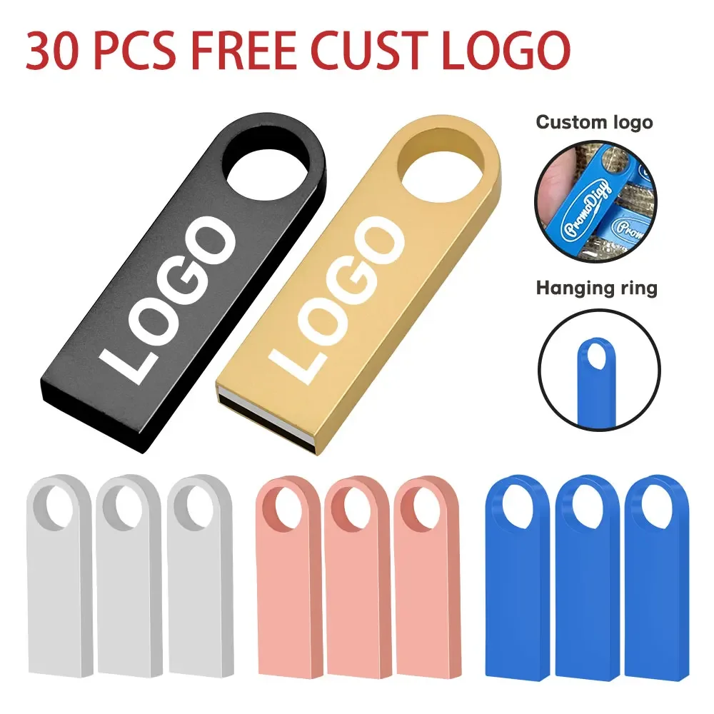 30PCS Free Custom LOGO Flash Drives Metal 64GB Free logo Black 32GB Pen drive 16GB Memory stick Free key chain U disk 8GB 4GB