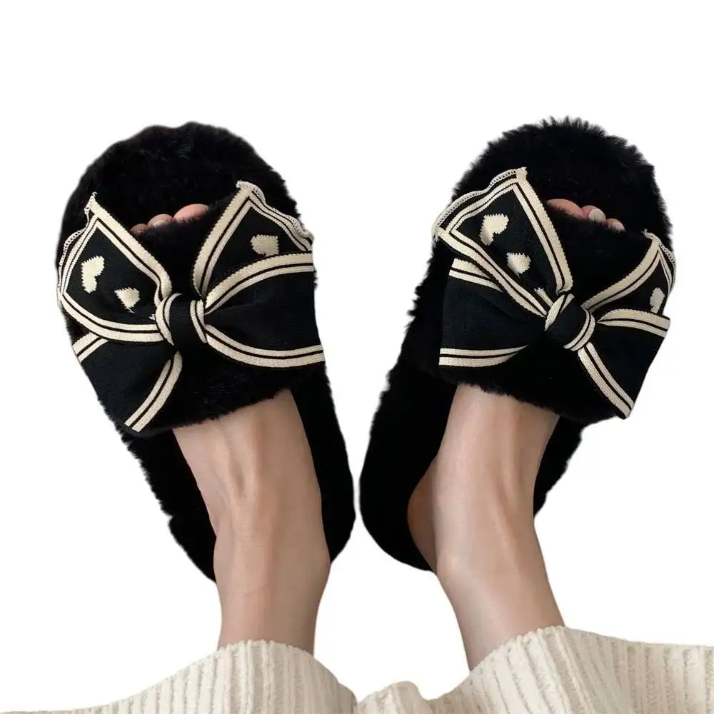 Women's Furry Slippers Ins Indoor Household Slippers Bow Design Autumn Winter Student Home Flat Slide Cotton Slippers