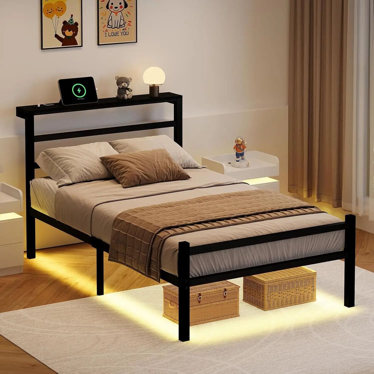 

Детские металлические кровати-платформы размера Twin с зарядной станцией и LED-подсветкой, изголовьем, на заказ