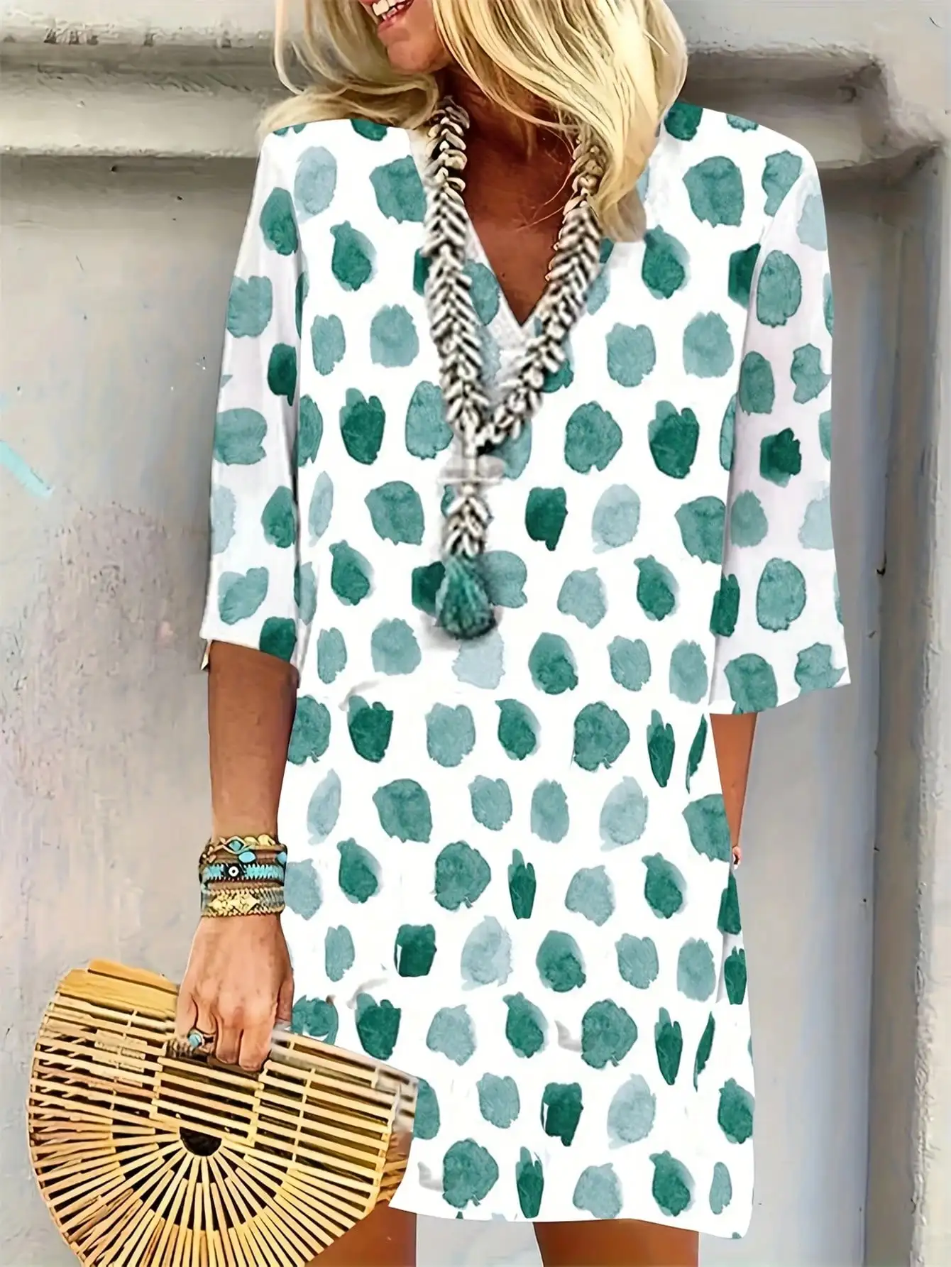 

Loose V-Neck 3/4 Sleeve Dress with Abstract Green Spot Print