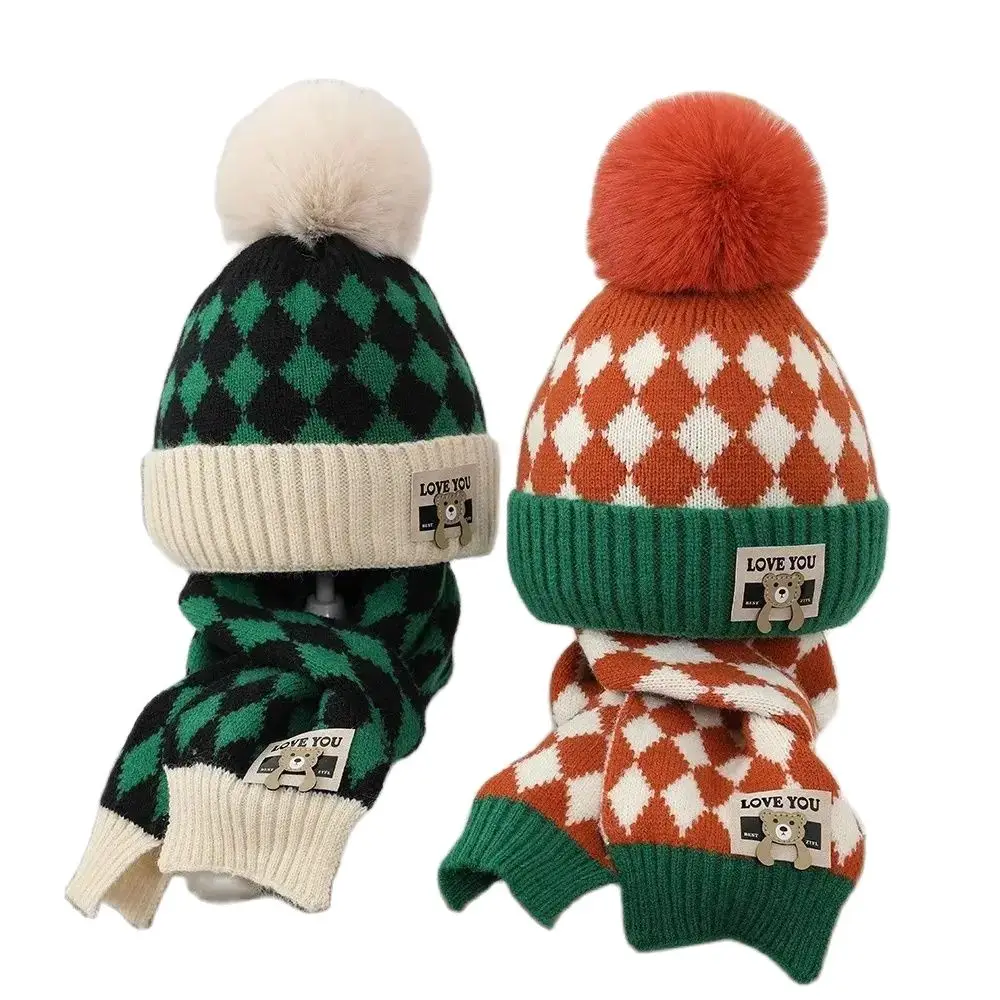 

Doitbest 2 PCS Pompom Kids Hat Scarf Set Diamond Bear Knit Warm Child Hats For Boys Girls Bonnet Beanie Winter Children Cap