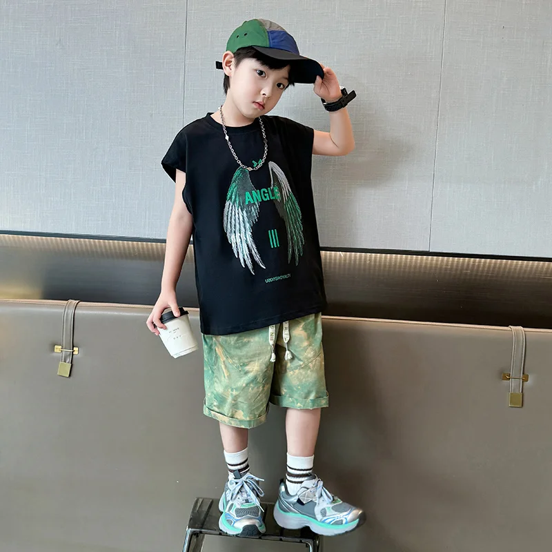 Big Child Cotton Summer Suit for Teens Boy Wing Print Cotton Tshirt + Shorts 2PCS Clothing Set Kids Adult Fashion Street Outfit